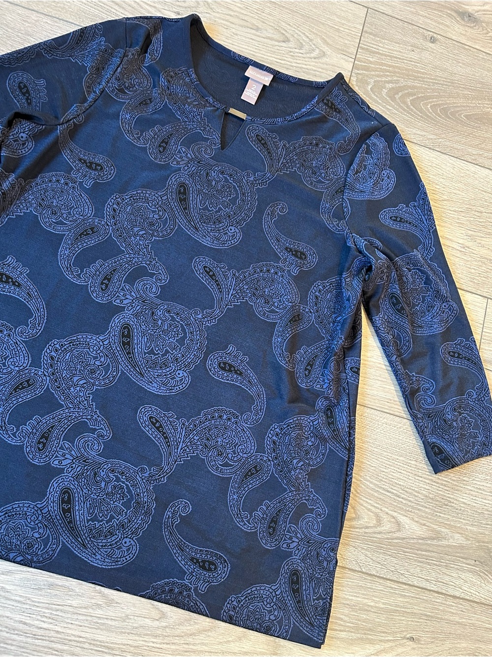 Chico's Navy Paisley Long Sleeve Keyhole Knit Top Tunic Size 2